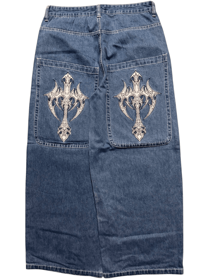 Blue Wide Leg GLOE Cyber Cross Jeans - Gloe Product, Inc.