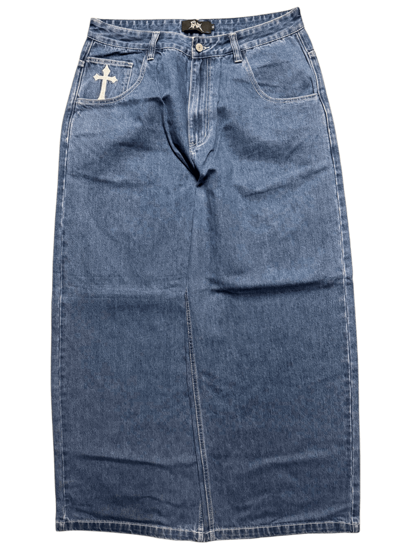Blue Wide Leg GLOE Cyber Cross Jeans - Gloe Product, Inc.