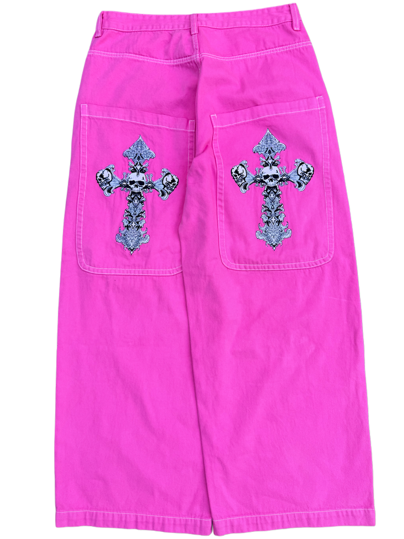 Pink Wide Leg GLOE Skull Cross Jeans