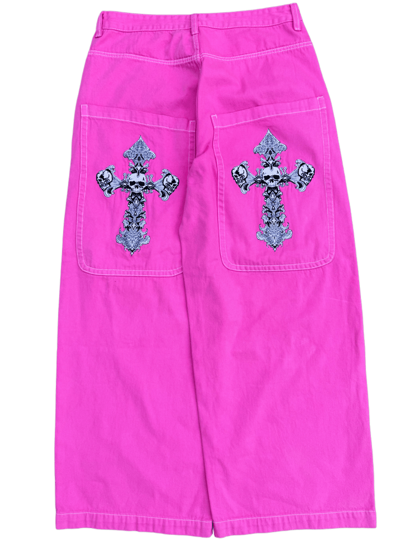 Pink Wide Leg GLOE Skull Cross Jeans - Gloe Product, Inc.