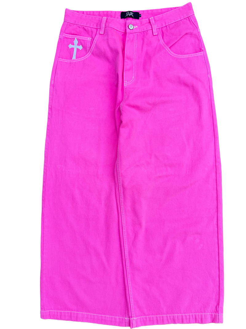 Pink Wide Leg GLOE Skull Cross Jeans