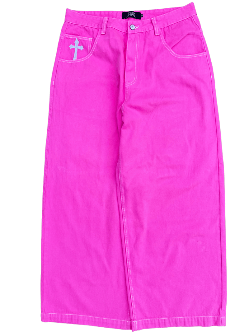 Pink Wide Leg GLOE Skull Cross Jeans - Gloe Product, Inc.