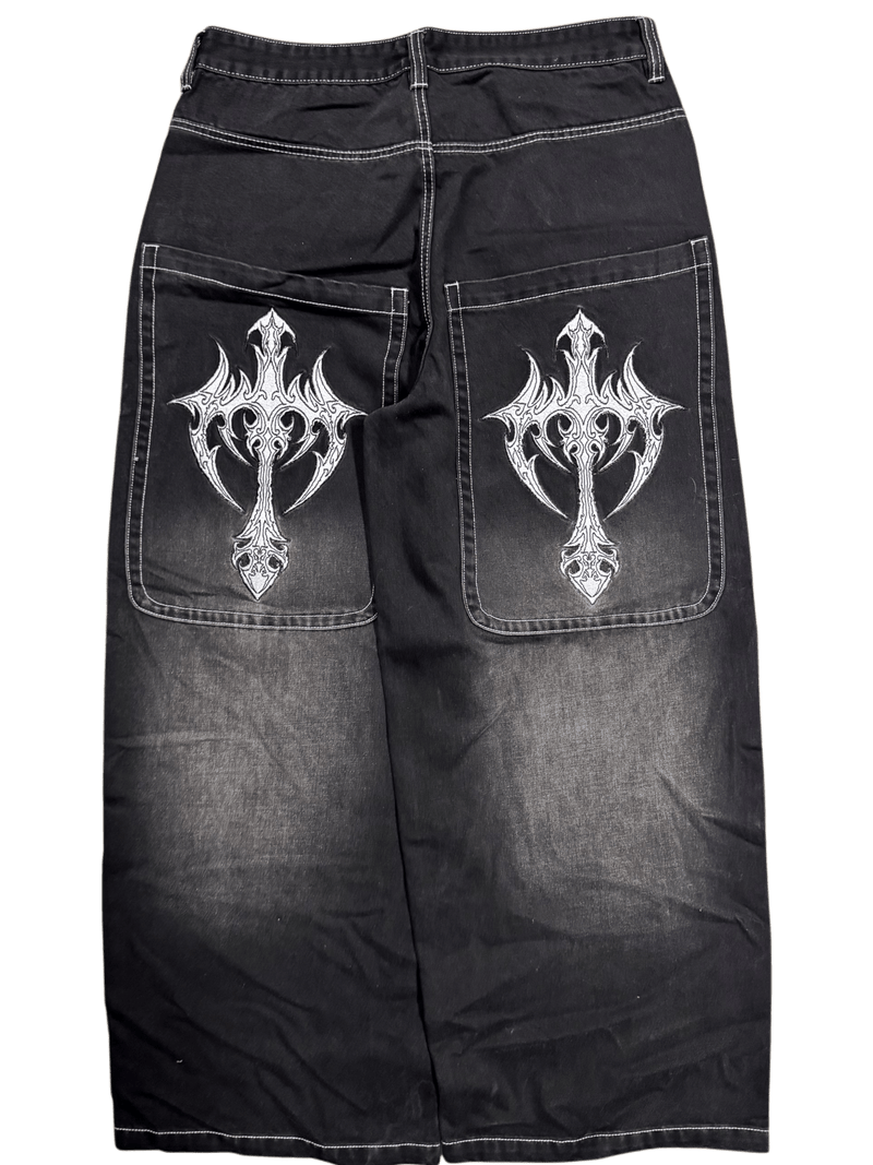 Black Wide Leg GLOE Cyber Cross Jeans - Gloe Product, Inc.