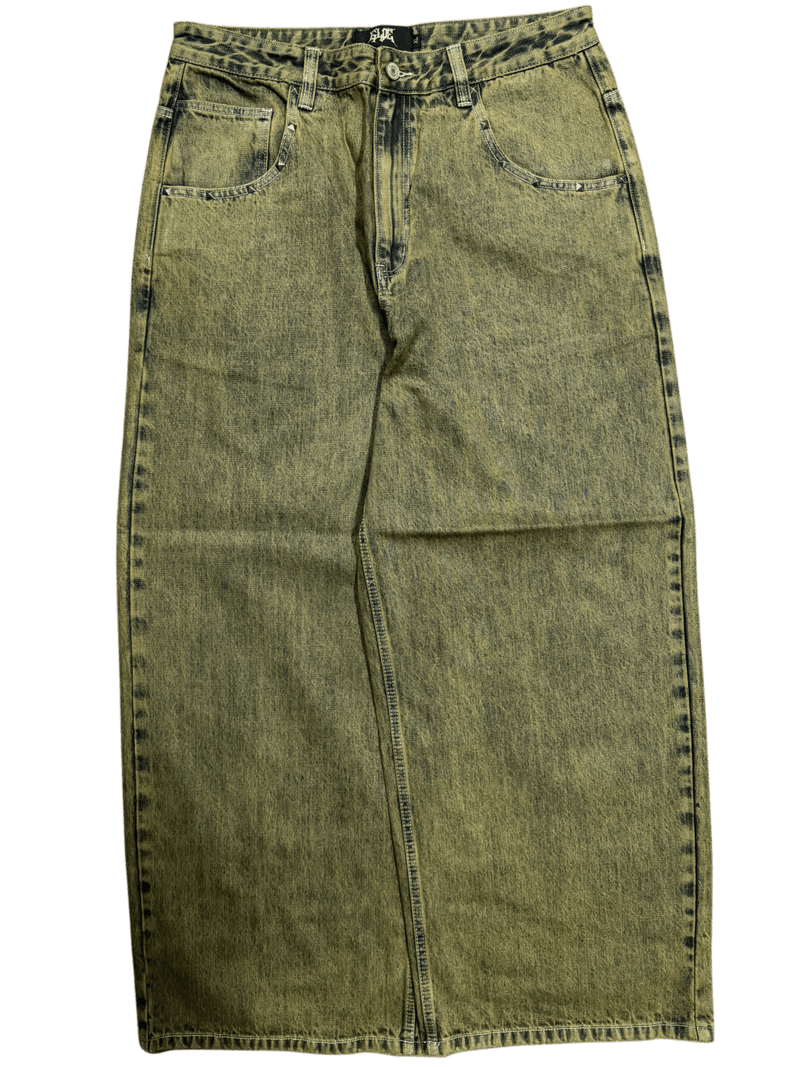 Green Washed Wide Leg Blank Stud Jeans - Gloe Product, Inc.