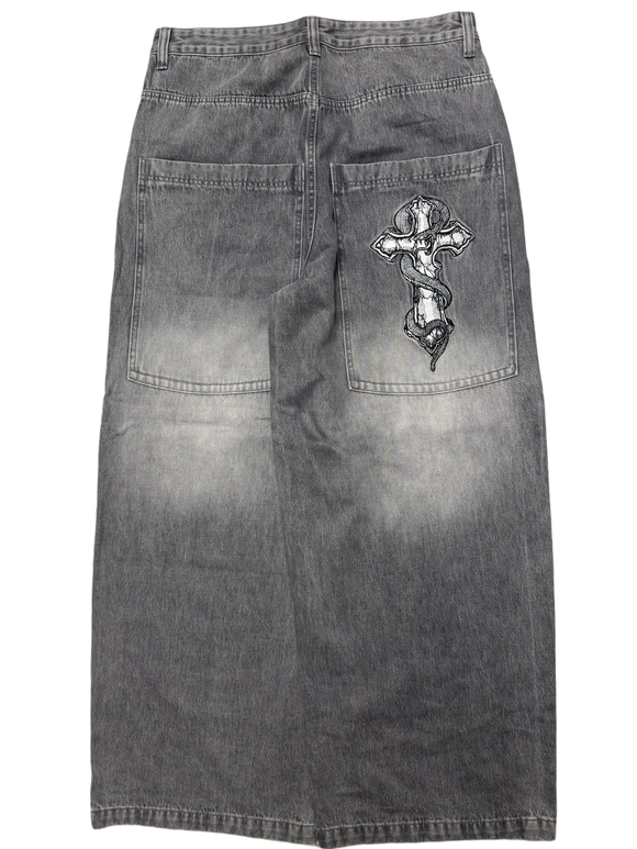 Grey Washed Wide Leg GLOE Snake Cross Jeans