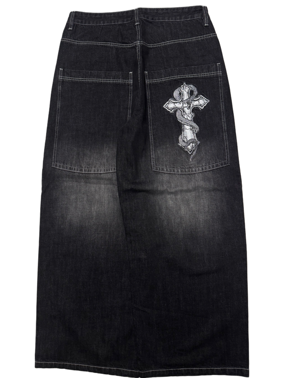 Black Washed Wide Leg GLOE Snake Cross Jeans