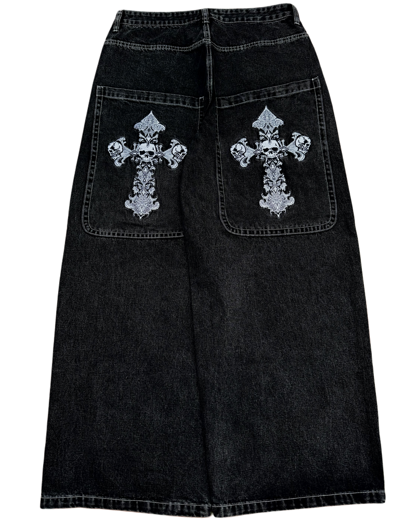 Black Wide Leg GLOE Skull Cross Jeans