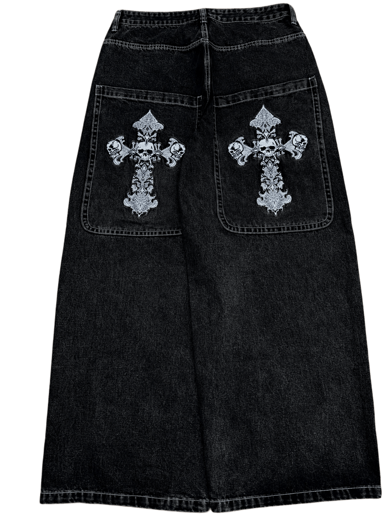 Black Wide Leg GLOE Skull Cross Jeans - Gloe Product, Inc.