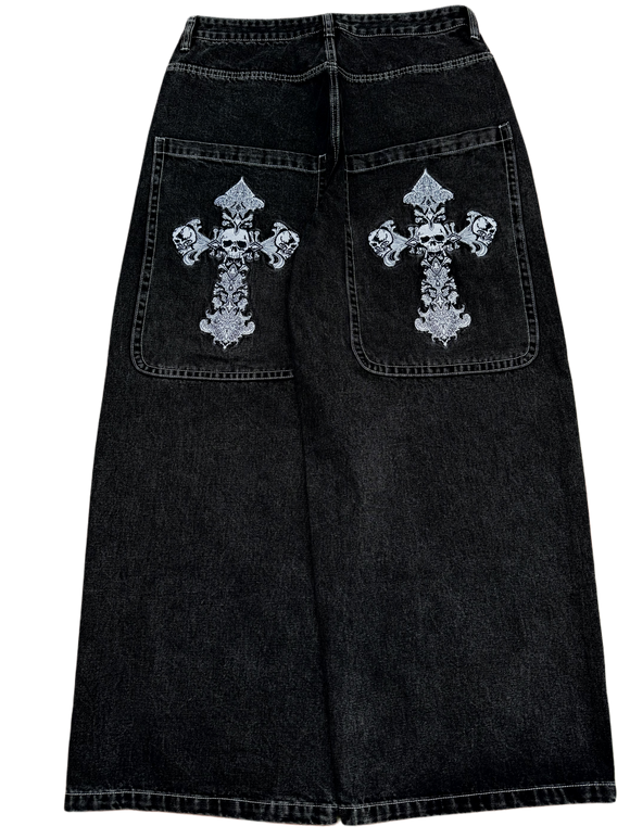 Black Wide Leg GLOE Skull Cross Jeans
