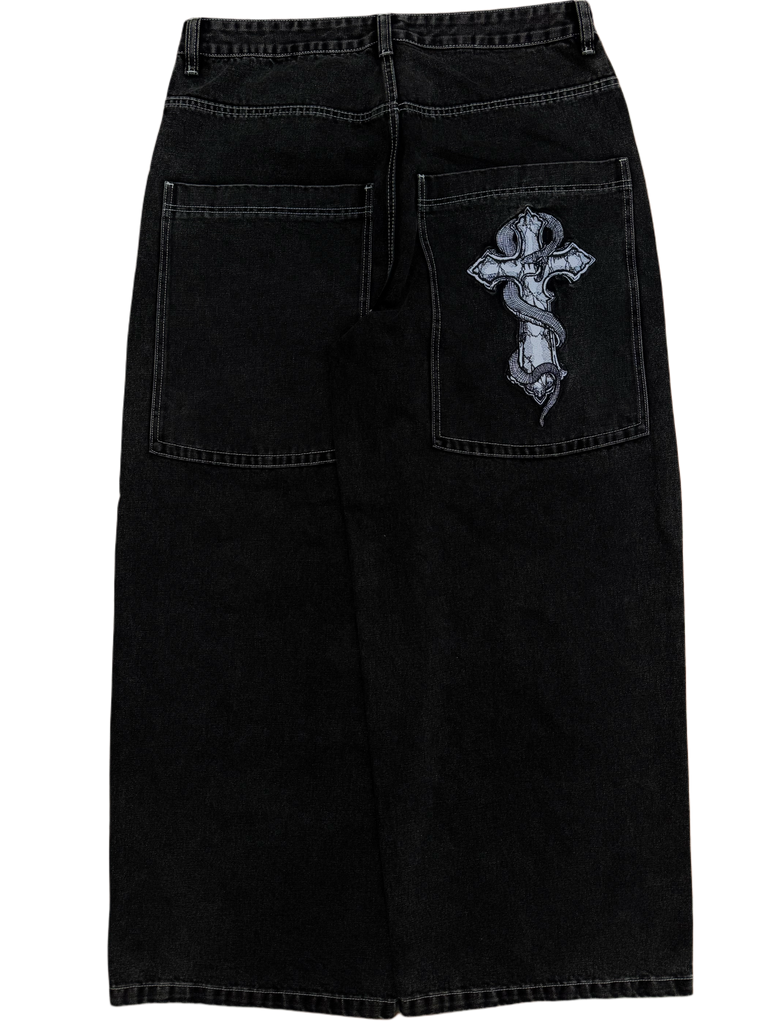 Black Wide Leg GLOE Snake Cross Jeans – Gloe Product, Inc