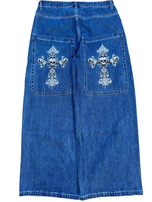 Blue Wideleg GLOE Skull Cross Jeans