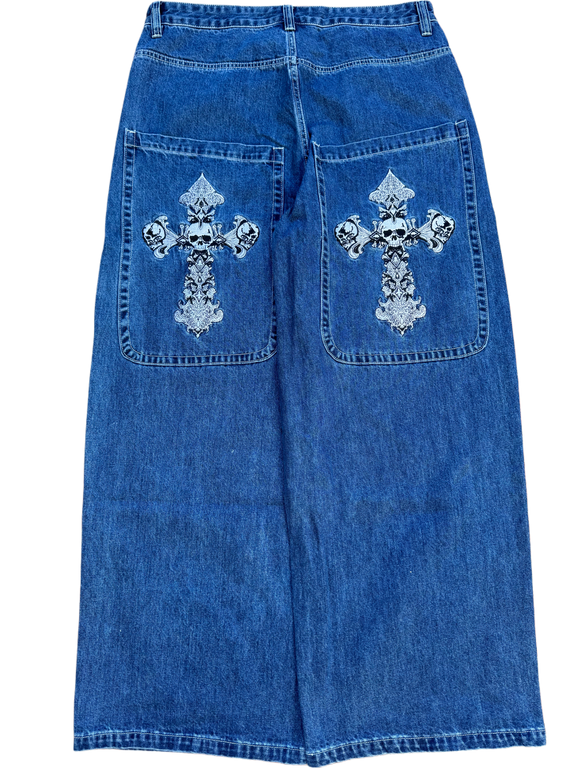 Blue Wide Leg GLOE Skull Cross Jeans