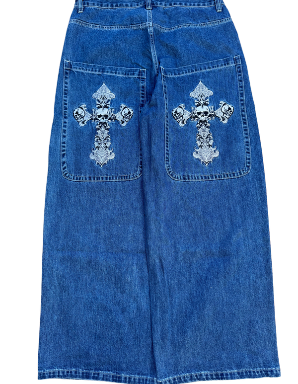 Blue Wide Leg GLOE Skull Cross Jeans