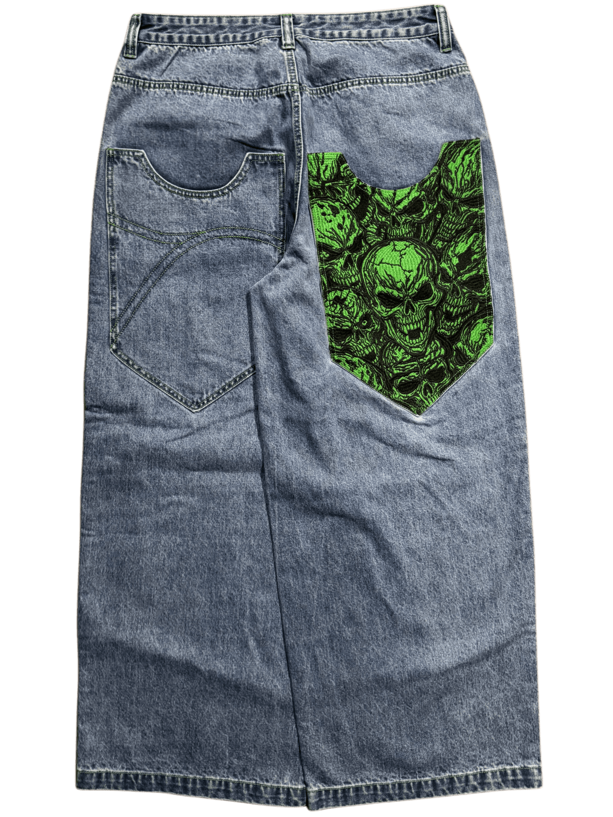 Blue Wide Leg GLOE Green Skull Jeans - Gloe Product, Inc.