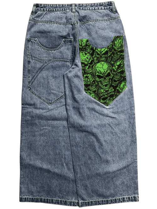 Blue Wide Leg GLOE Green Skull Jeans - Gloe Product, Inc.