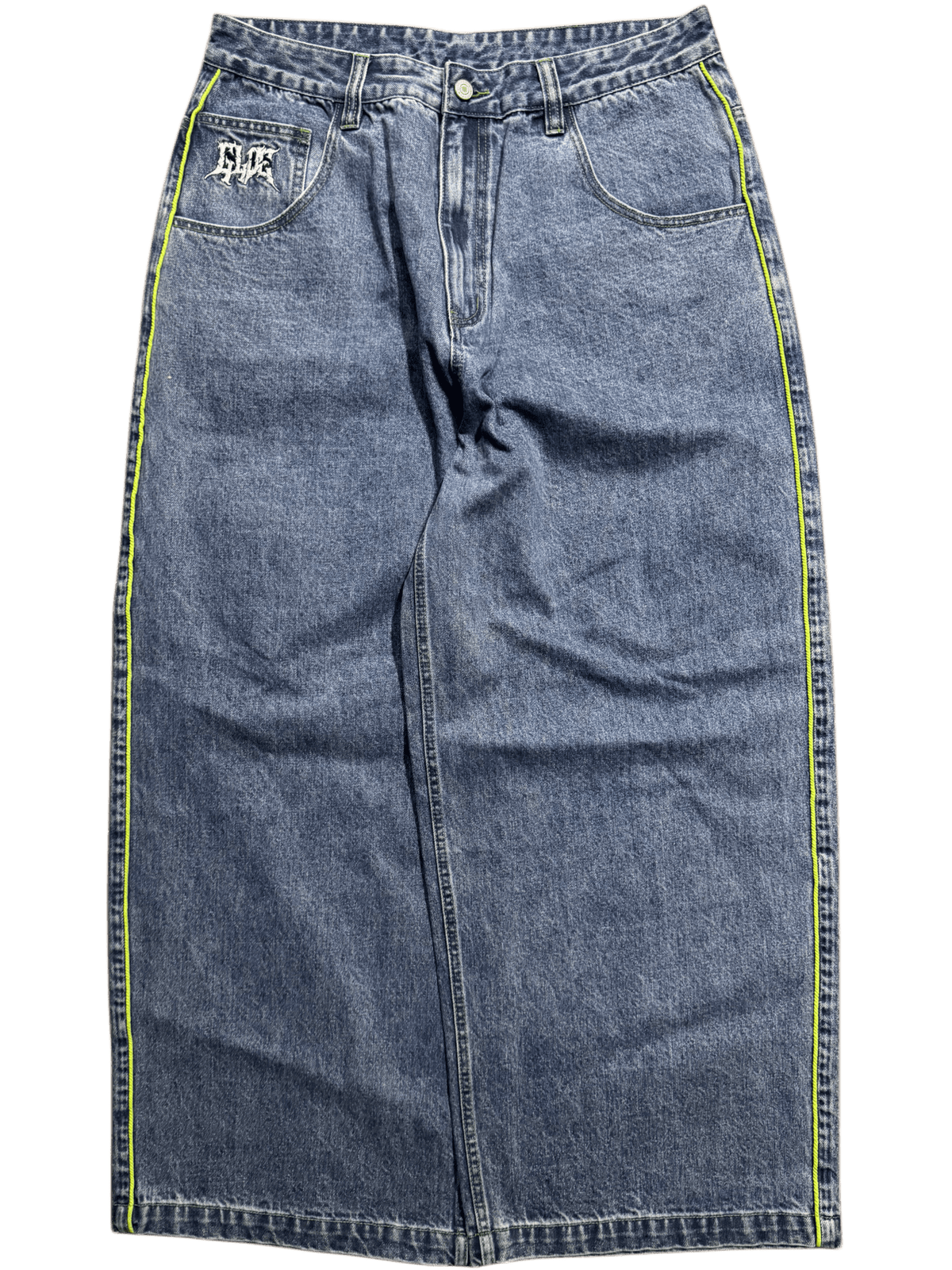 Blue Wide Leg GLOE Green Skull Jeans - Gloe Product, Inc.