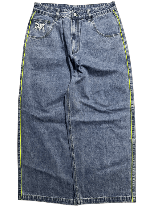 Blue Wide Leg GLOE Green Skull Jeans - Gloe Product, Inc.