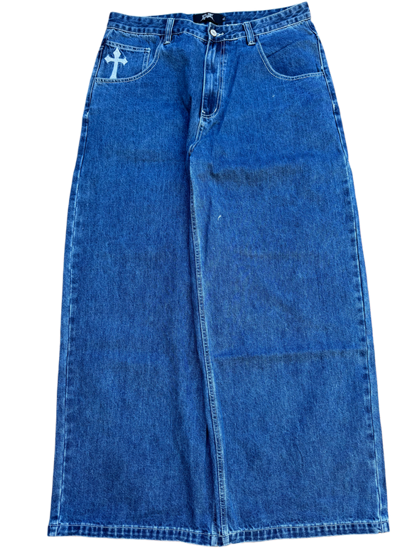 Blue Wide Leg GLOE Skull Cross Jeans