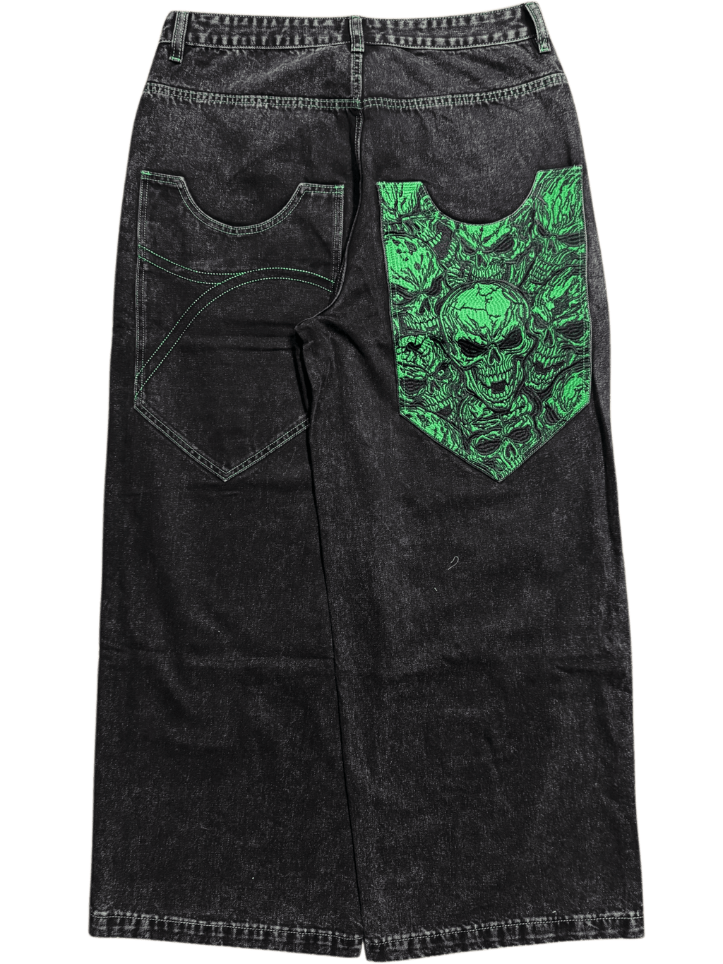 Black Wide Leg GLOE Green Skull Jeans - Gloe Product, Inc.