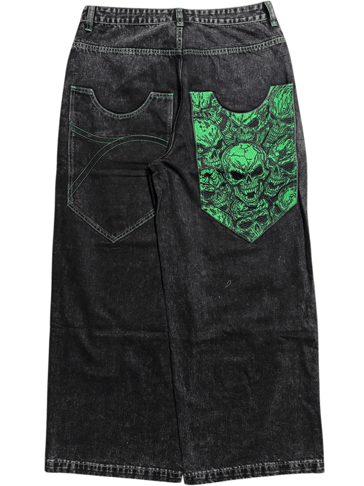 Black Wide Leg GLOE Green Skull Jeans - Gloe Product, Inc.