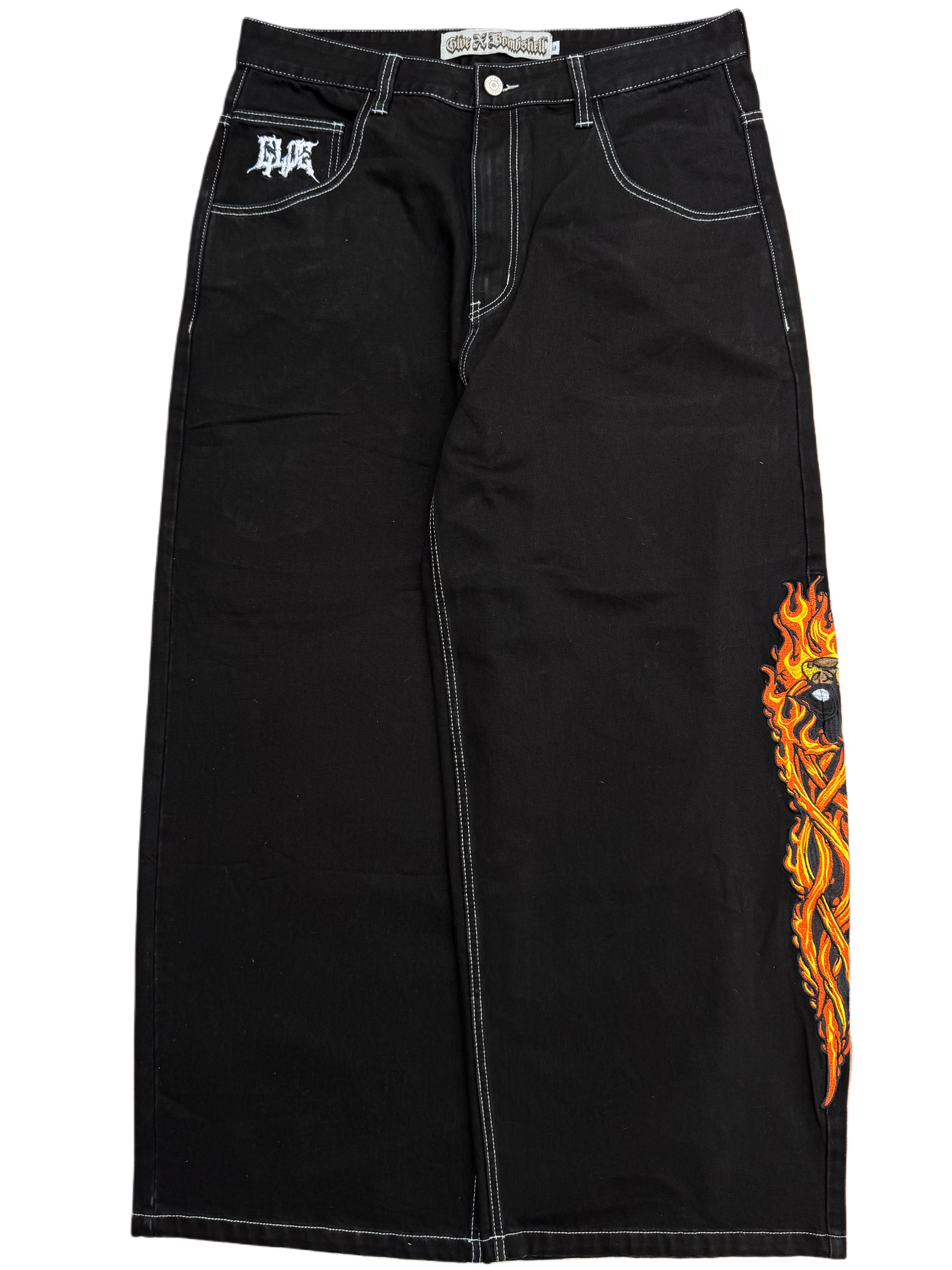 Black Flaming Skull Jeans Bombshell X GLOE