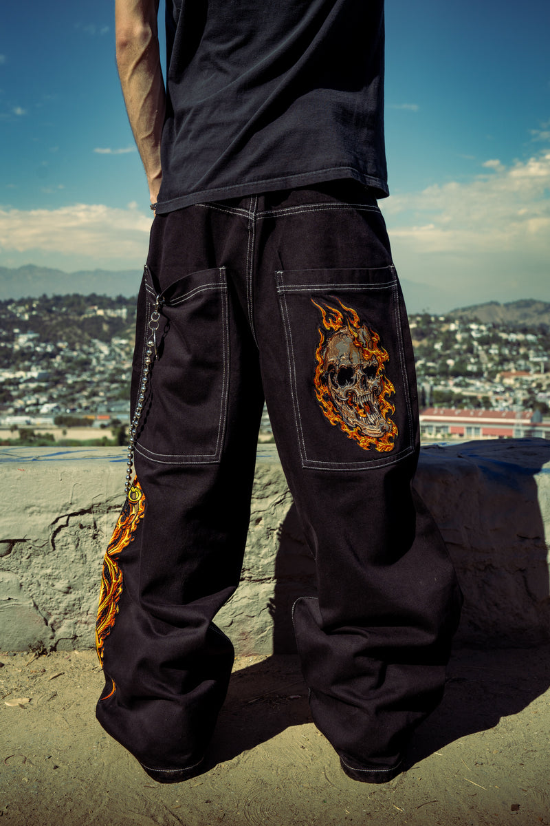 Black Flaming Skull Jeans Bombshell X GLOE