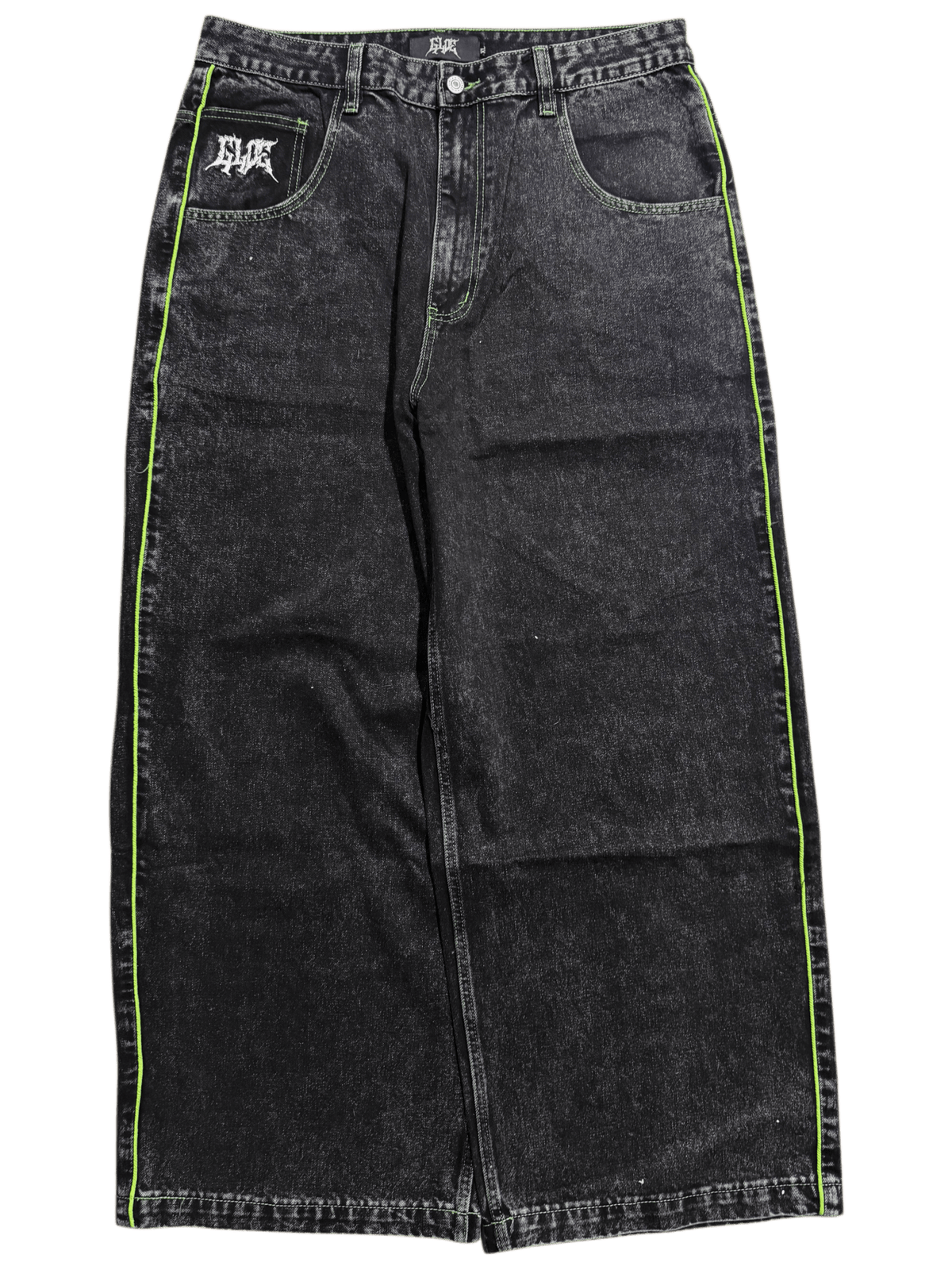 Black Wide Leg GLOE Green Skull Jeans - Gloe Product, Inc.