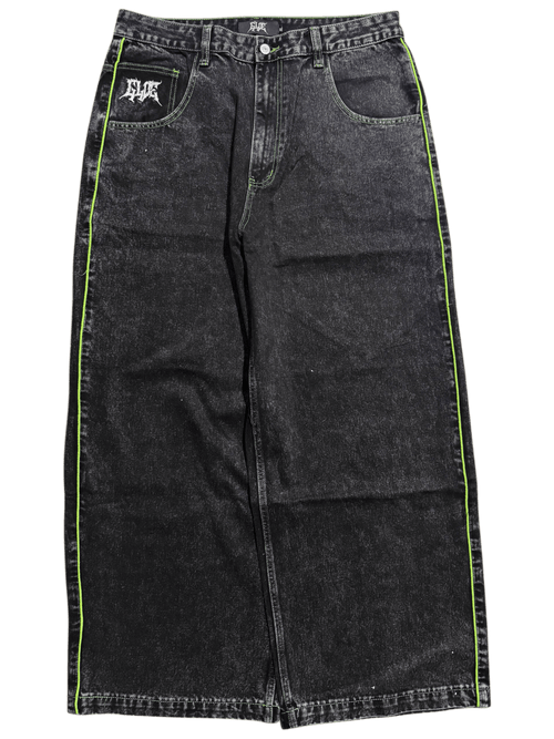 Black Wide Leg GLOE Green Skull Jeans - Gloe Product, Inc.