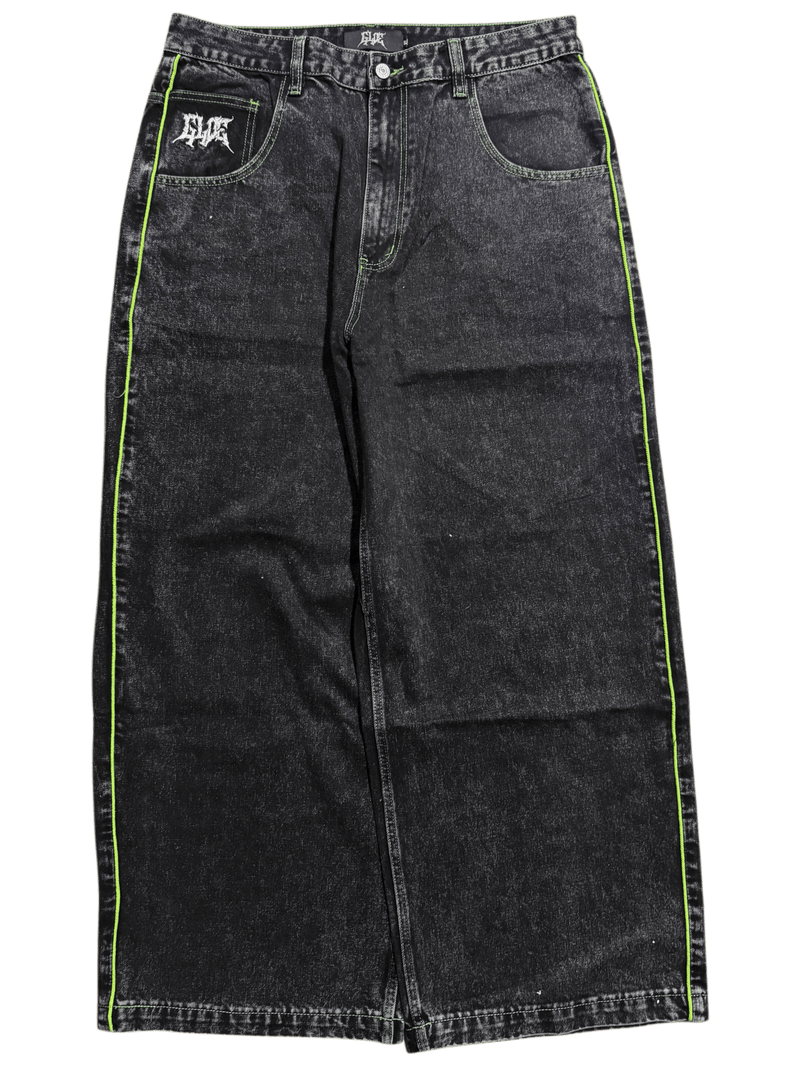 Black Wide Leg GLOE Green Skull Jeans - Gloe Product, Inc.