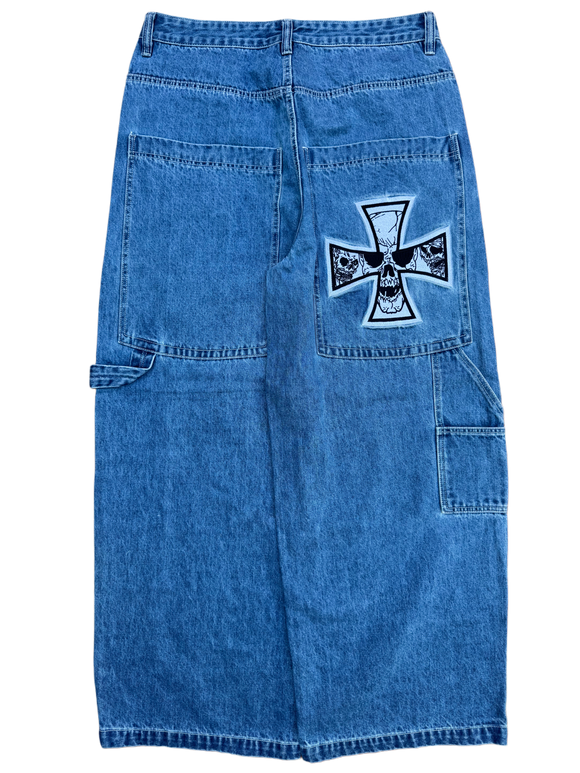 Blue Wide Leg GLOE Cross Skull Carpenter Jeans