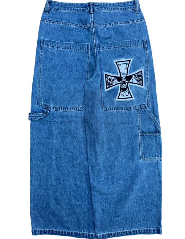 Blue Wide Leg GLOE Cross Skull Carpenter Jeans
