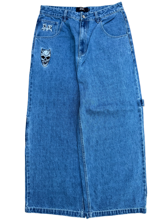 Blue Wide Leg GLOE Cross Skull Carpenter Jeans