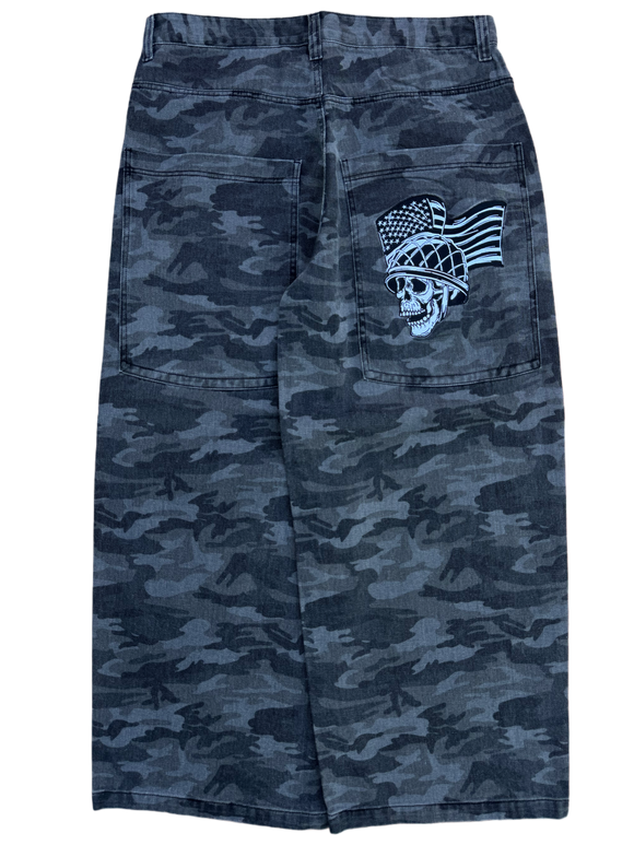 Dark Camo Wide Leg GLOE Skull Flag Jeans