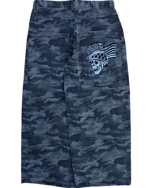 Dark Camo Wide Leg GLOE Skull Flag Jeans