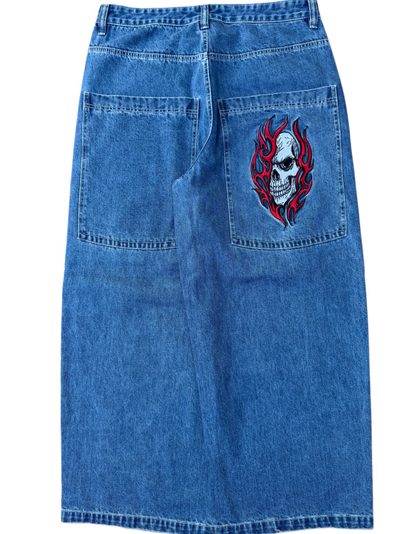 Blue Wide Leg GLOE Flaming Skull Jeans