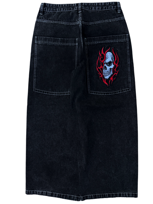 Black Wide Leg GLOE Flaming Skull Jeans