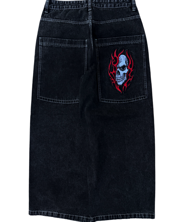 Black Wide Leg GLOE Flaming Skull Jeans