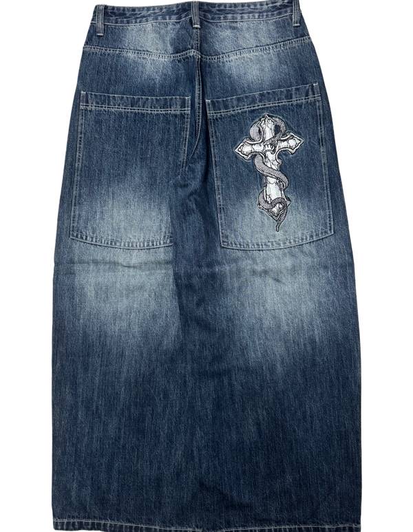 Blue Washed Wide Leg GLOE Snake Cross Jeans