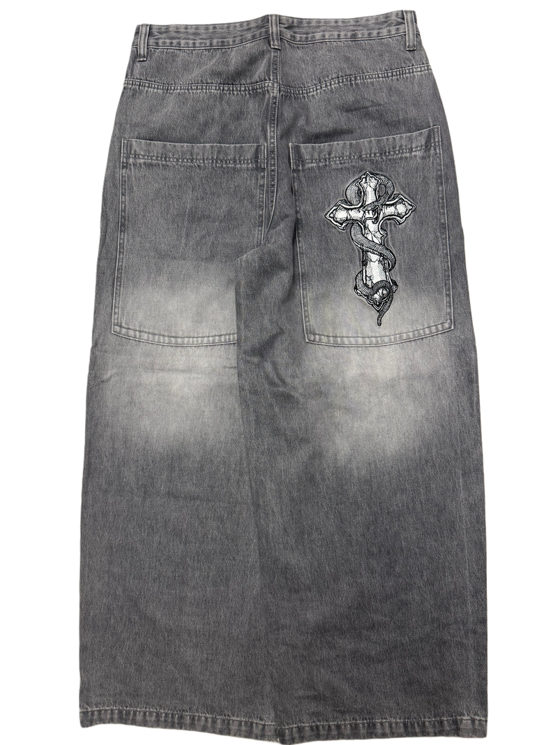 Grey Wash Wide Leg GLOE Snake Cross Jeans