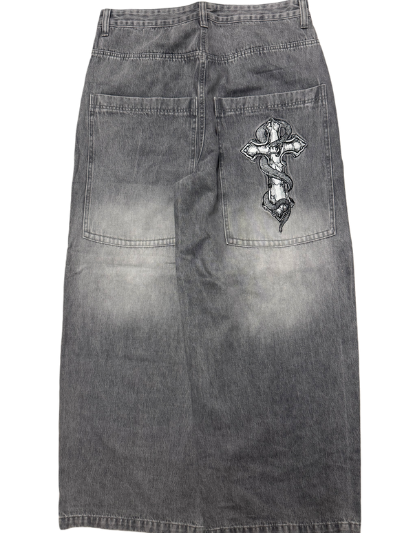 Grey Washed Wide Leg GLOE Snake Cross Jeans