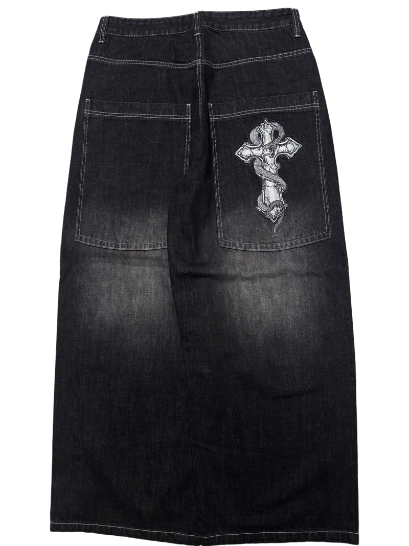 Black Wash Wide Leg GLOE Snake Cross Jeans
