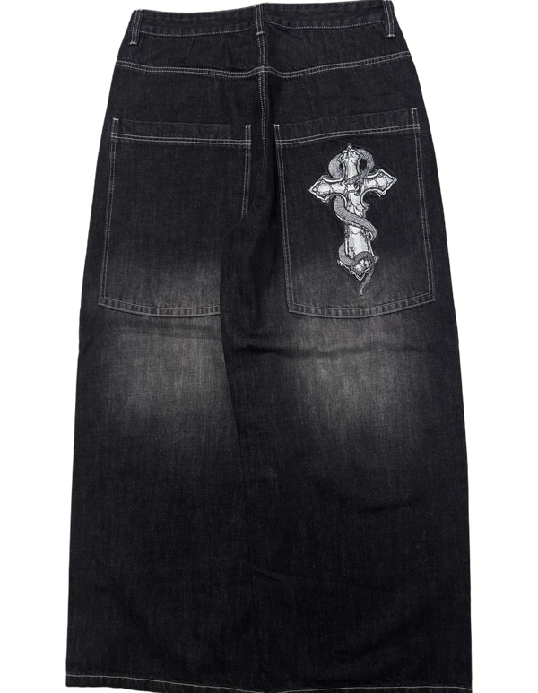 Black Washed Wide Leg GLOE Snake Cross Jeans