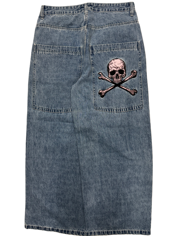Blue Wide Leg GLOE Skull Bones Jeans