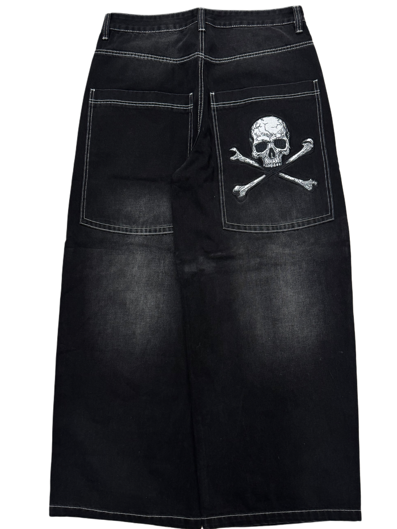 Black Faded Wide Leg GLOE Skull Bones Jeans