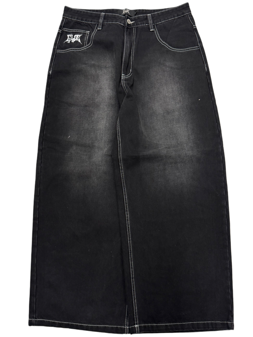 Black Faded Wide Leg GLOE Skull Bones Jeans
