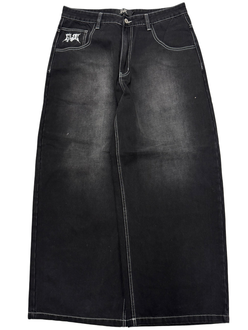 Black Faded Wide Leg GLOE Skull Bones Jeans