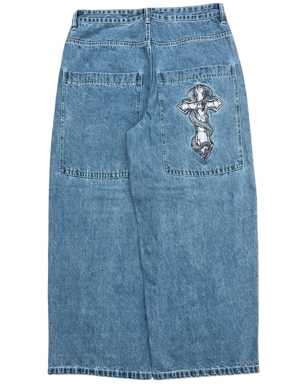 Blue Wide Leg GLOE Snake Cross Jeans