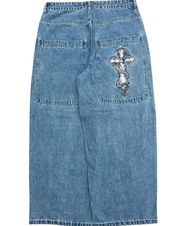 Blue Wide Leg GLOE Snake Cross Jeans