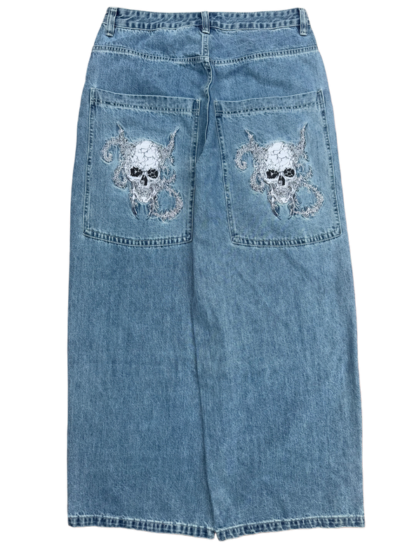 Blue Wide Leg GLOE Skull Jeans