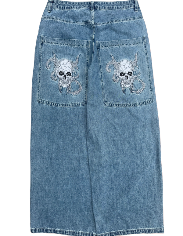 Blue Wide Leg GLOE Skull Jeans